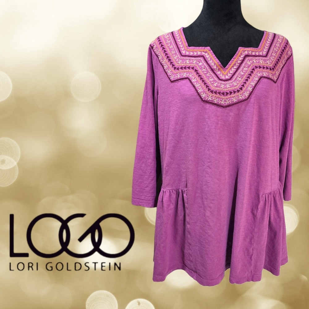LOGO Lori Goldstein Womens Embroidered Peplum Knit Tunic Top Purple XL FLAW